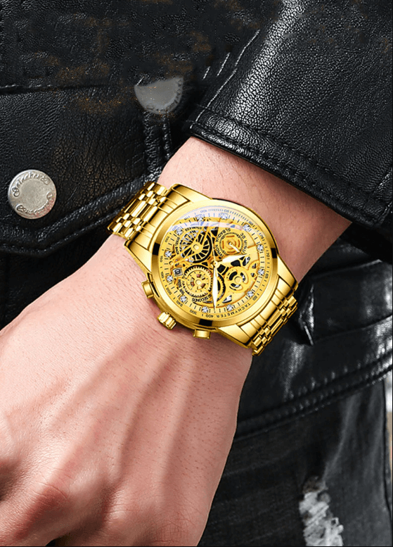 High-quality men's automatic skeleton watch. Exquisite transparent dial displays the intricate mechanical timepiece.