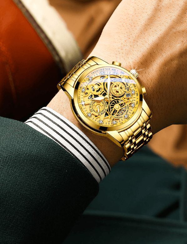 Close-up of men's automatic skeleton watch dial, showcasing intricate gears and precision mechanical movement.