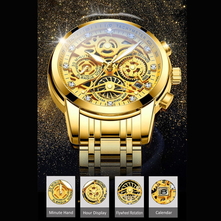 Men's automatic skeleton chronograph watch. Elegant design with a transparent mechanical dial.