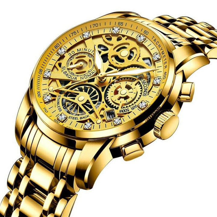 Luxury men's mechanical skeleton watch. Intricate transparent dial design. Perfect fashion timepiece for men.