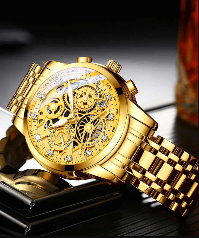Men's luxury automatic skeleton watch displayed elegantly. Transparent dial reveals the detailed mechanical engine.