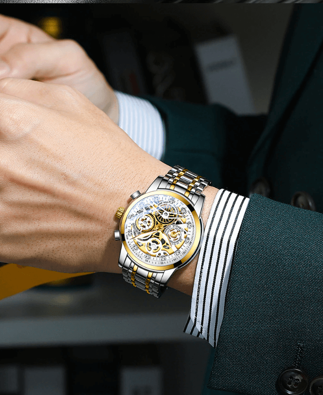 Timeless men's automatic skeleton watch. Elegant timepiece with a captivating, transparent mechanical dial.