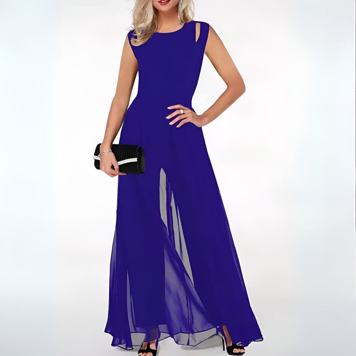 Women's sleeveless jumpsuit with a chic flared leg, offering an elegant & flattering silhouette for any event.