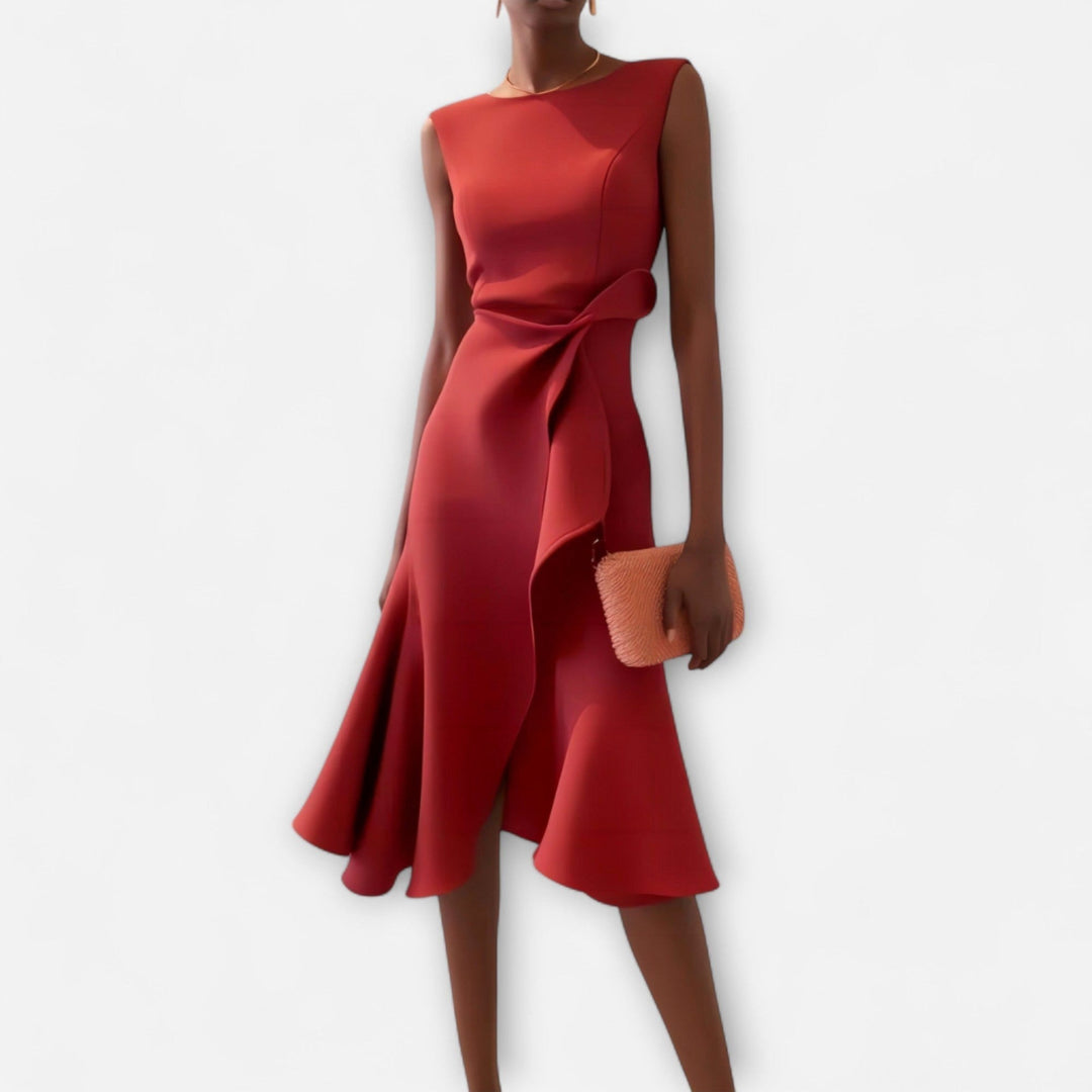 Elegant women's draped asymmetric midi dress for occasionwear. Perfect for evening or cocktail parties.