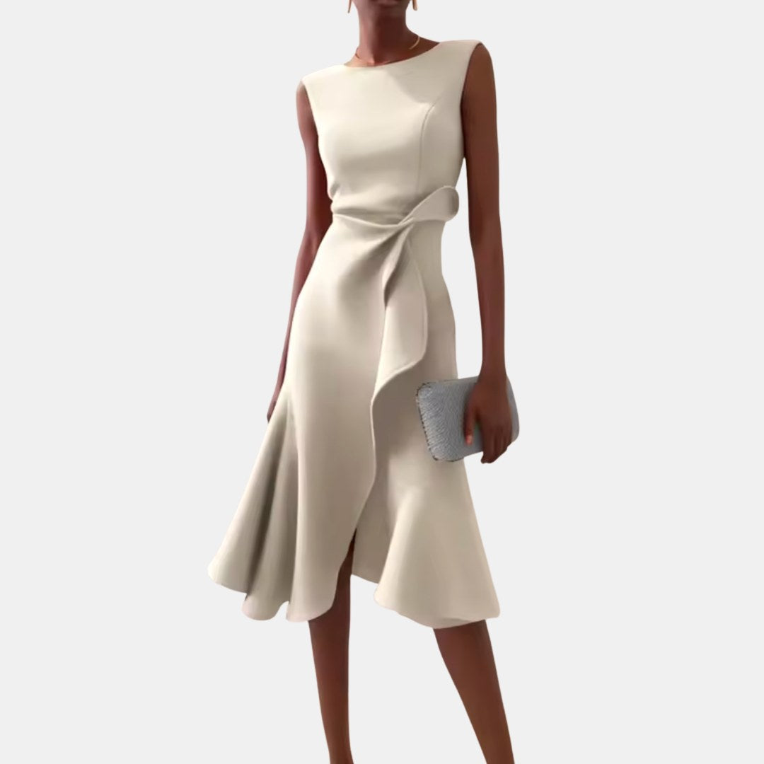 Luxurious fabric texture of an elegant women's draped asymmetric midi dress, perfect for occasionwear.