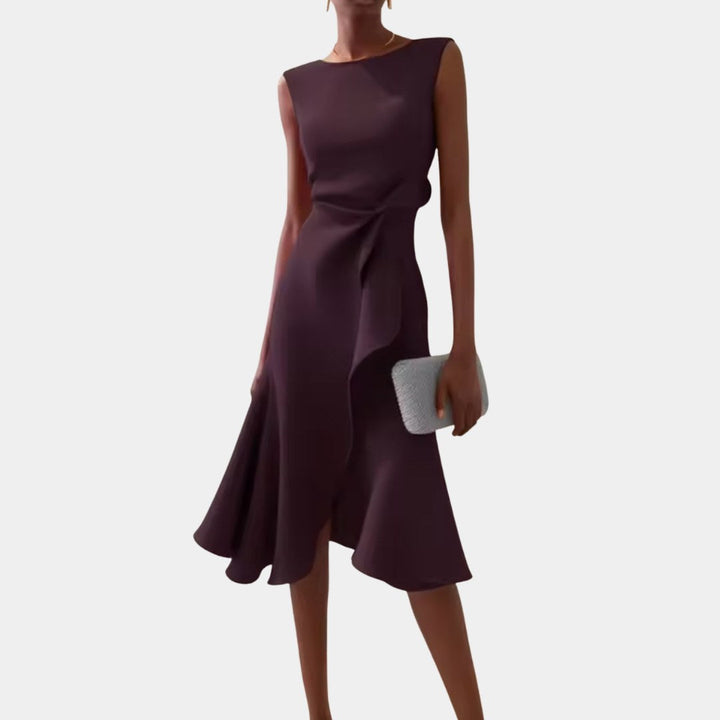 Elegant women's draped asymmetric midi dress in a sophisticated color, ideal for evening occasionwear.