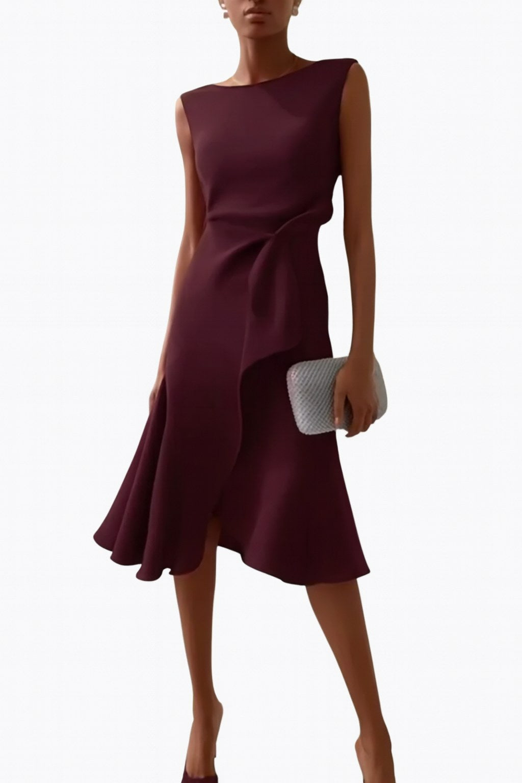 Stylish women's draped asymmetric midi dress, offering an elegant and flattering look for parties.