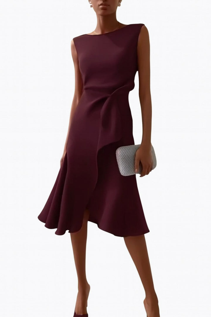 Stylish women's draped asymmetric midi dress, offering an elegant and flattering look for parties.
