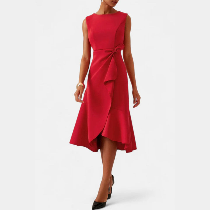 Summer evening elegant women's draped asymmetric midi dress, perfect for parties and special occasions.