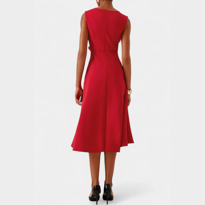 Flattering women's elegant draped asymmetric midi dress, suitable for various occasionwear events.