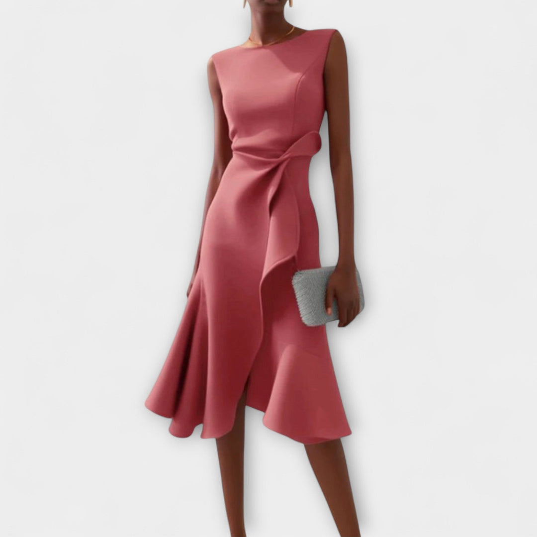 Rear view of a flattering women's draped asymmetric midi dress, perfect for elegant evening wear.