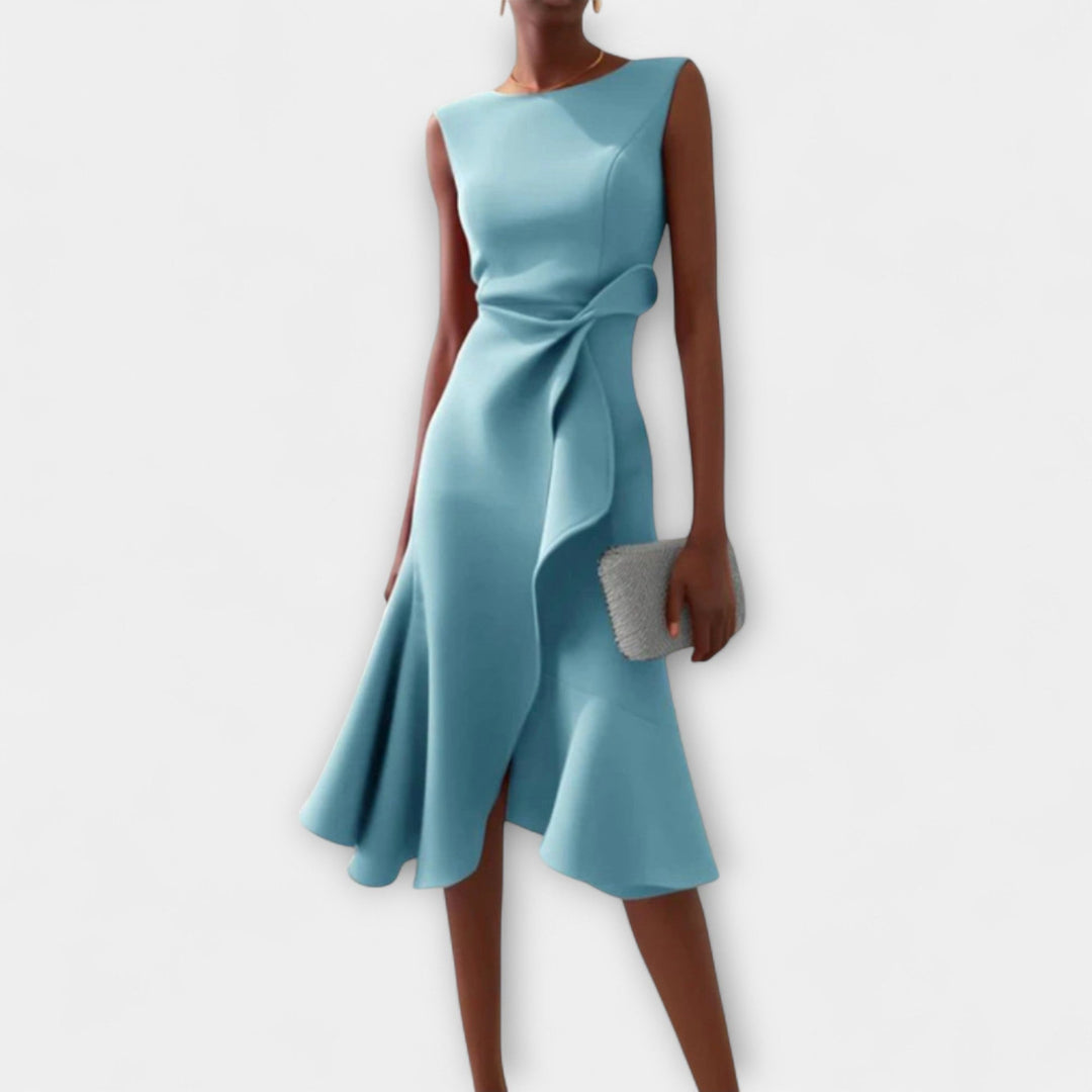 Side view of an elegant women's draped asymmetric midi dress, ideal for summer party or cocktail events.