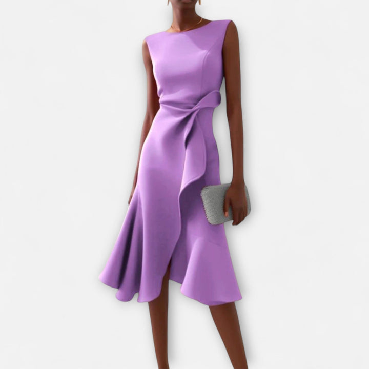 Model showcasing a flattering women's draped asymmetric midi dress, elegant for evening occasionwear.