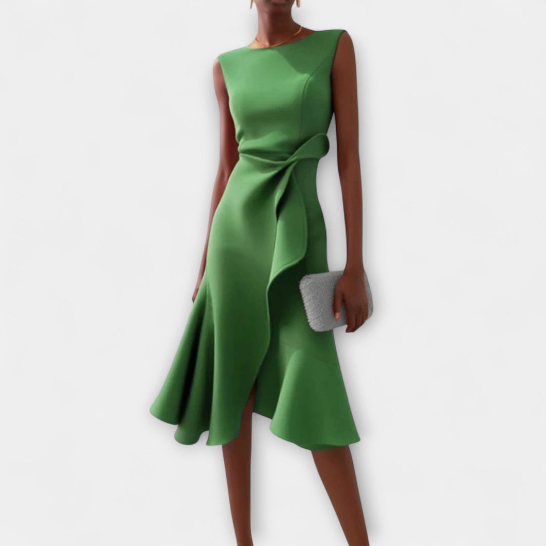 Women's elegant asymmetric midi dress with beautiful draping, perfect for summer parties.