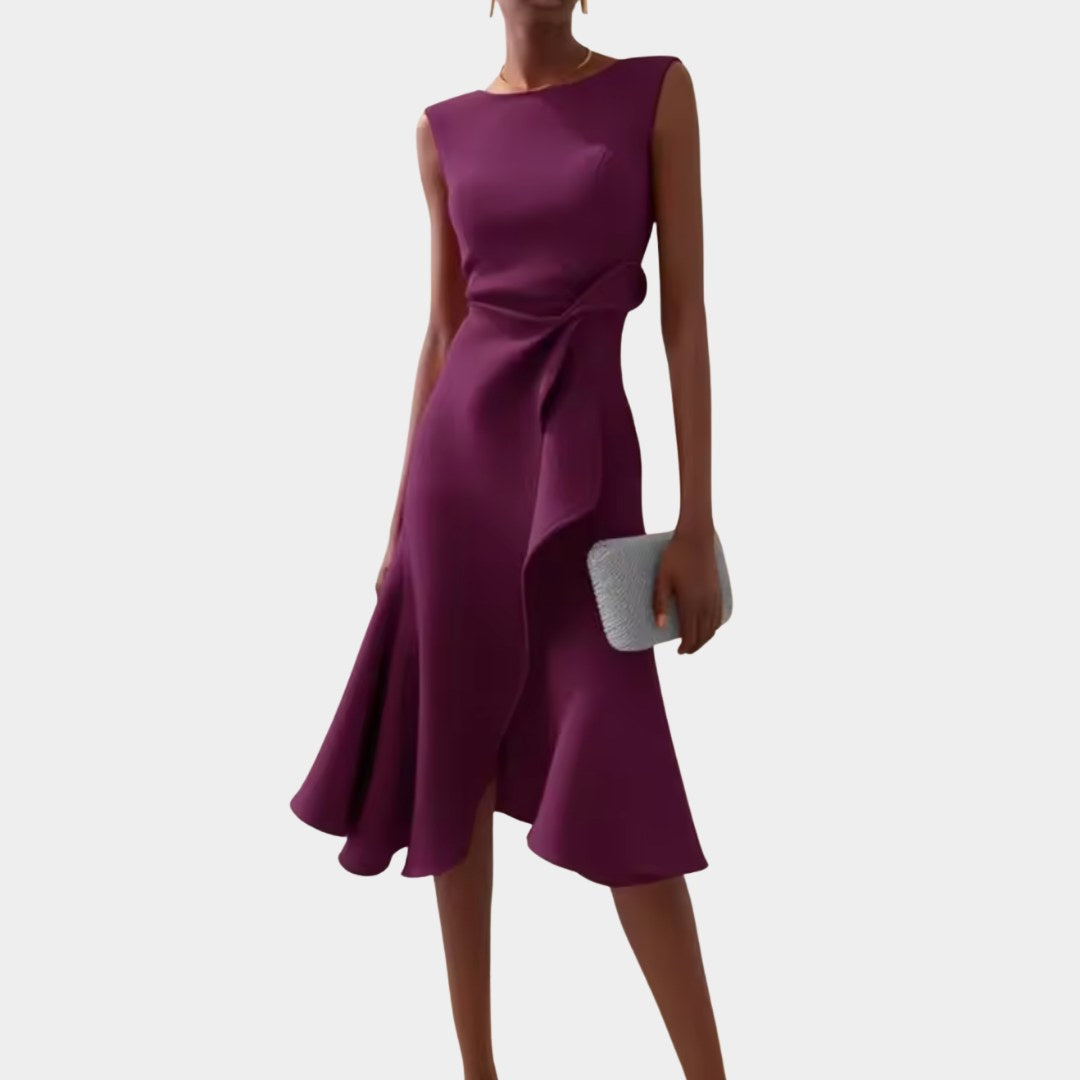 Chic women's midi dress, draped and asymmetric, perfect elegant occasionwear for evening events.