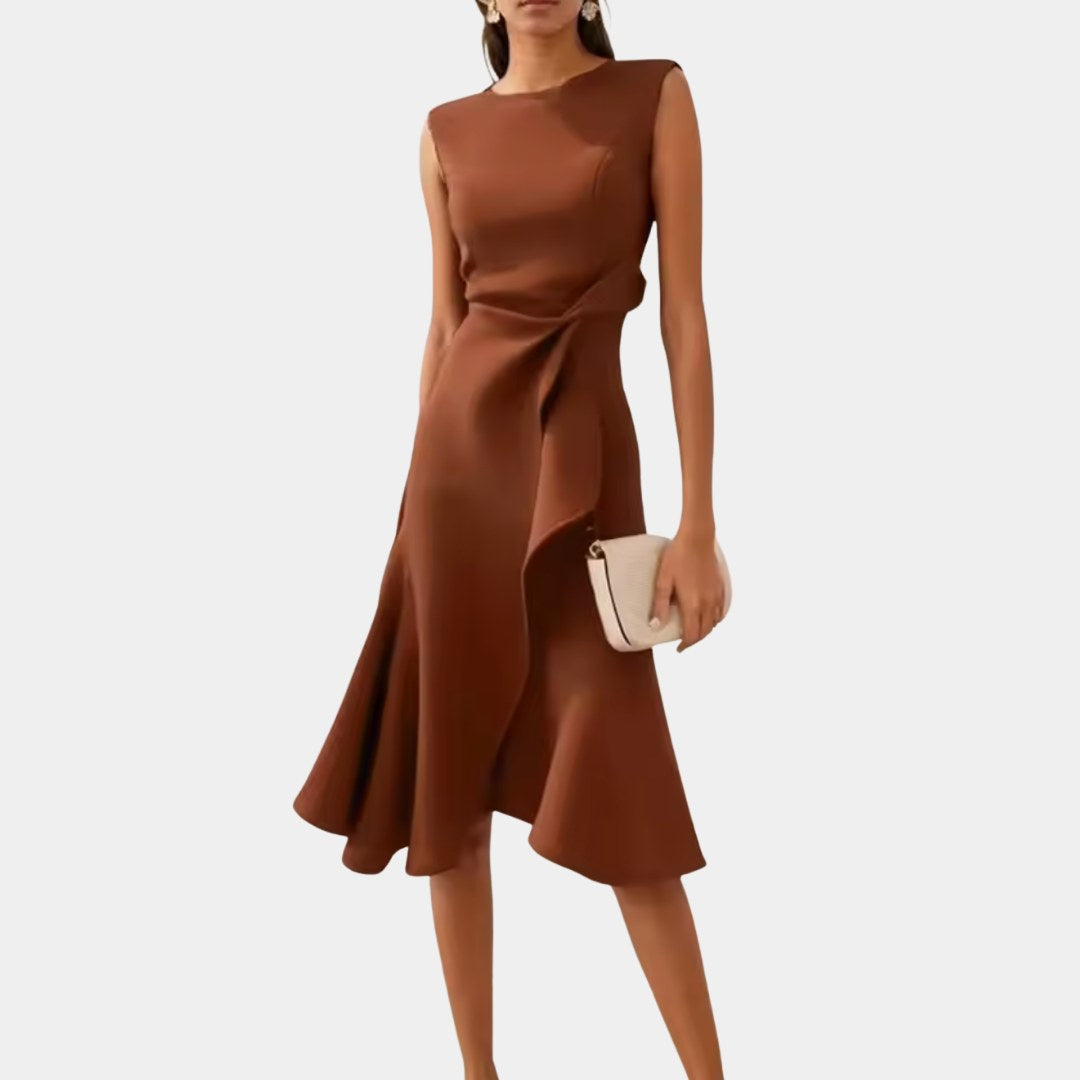 Front view of an elegant women's draped asymmetric midi dress, ideal for cocktail and evening wear.