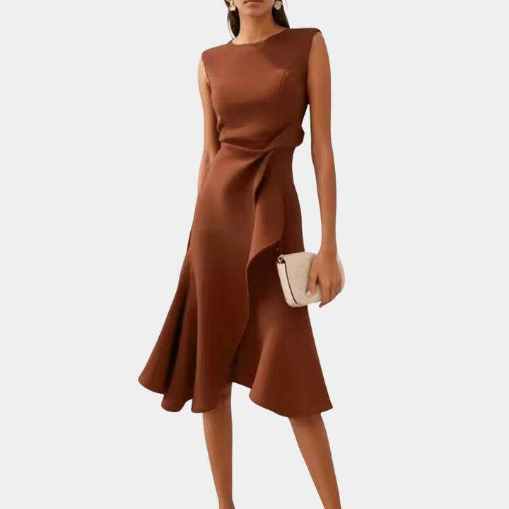 Front view of an elegant women's draped asymmetric midi dress, ideal for cocktail and evening wear.