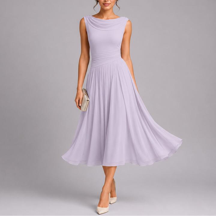 Elegant women's midi cocktail dress with chic draped neckline and flowing pleated skirt. Perfect for parties.