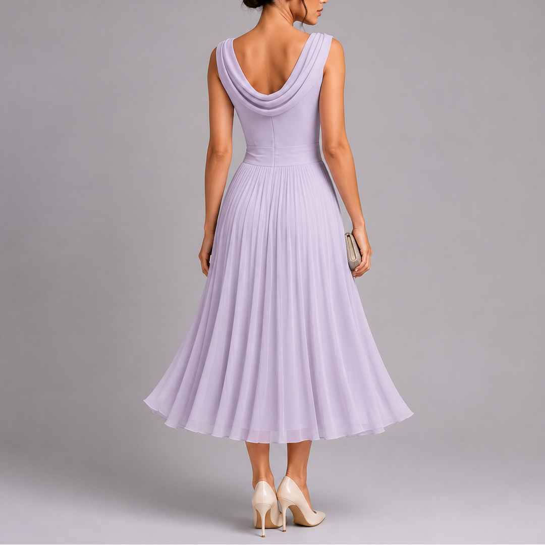 Sleeveless elegant midi cocktail dress for women, ideal for wedding guests & special occasions. Features pleats.