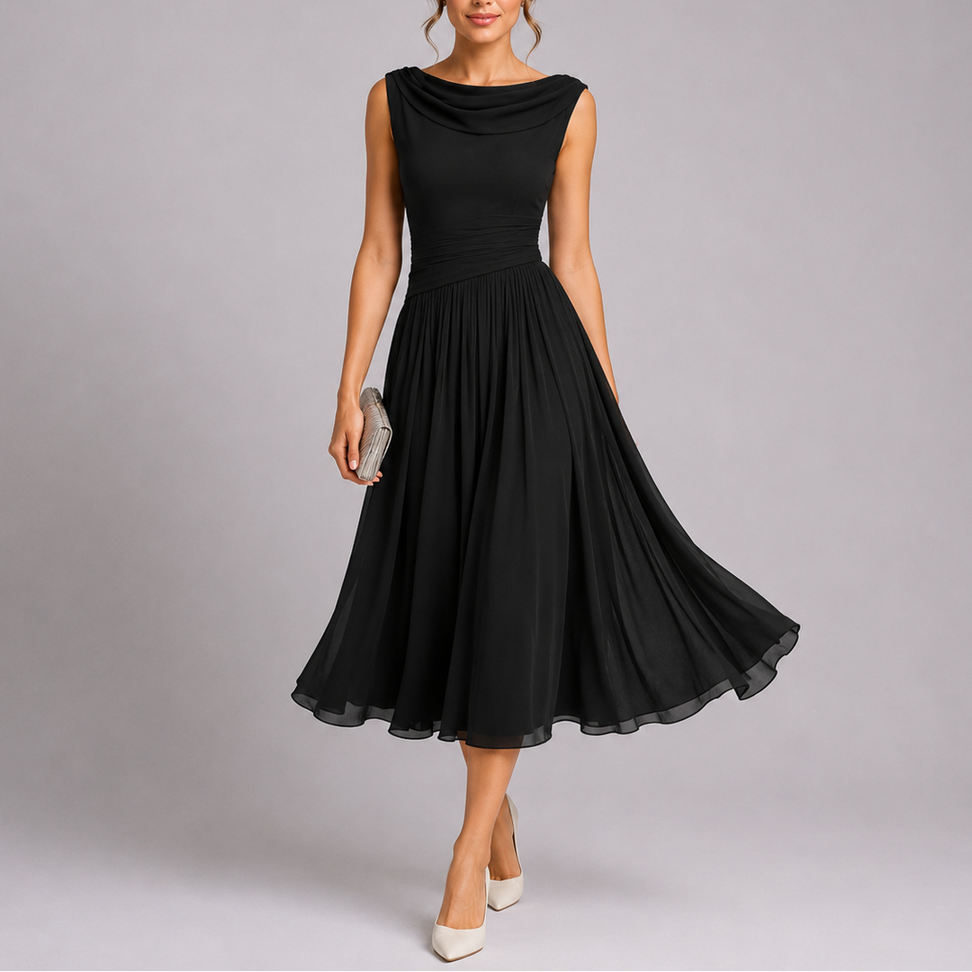 Chic women's formal midi dress with elegant draped neckline & stylish pleated skirt. A perfect evening party dress.