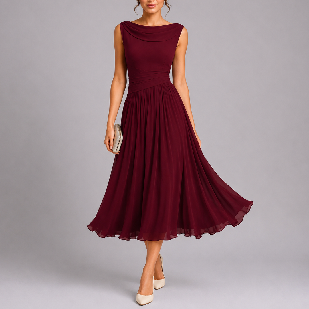 Women's fashionable pleated midi dress featuring an elegant draped neckline. Ideal for cocktail parties & events.