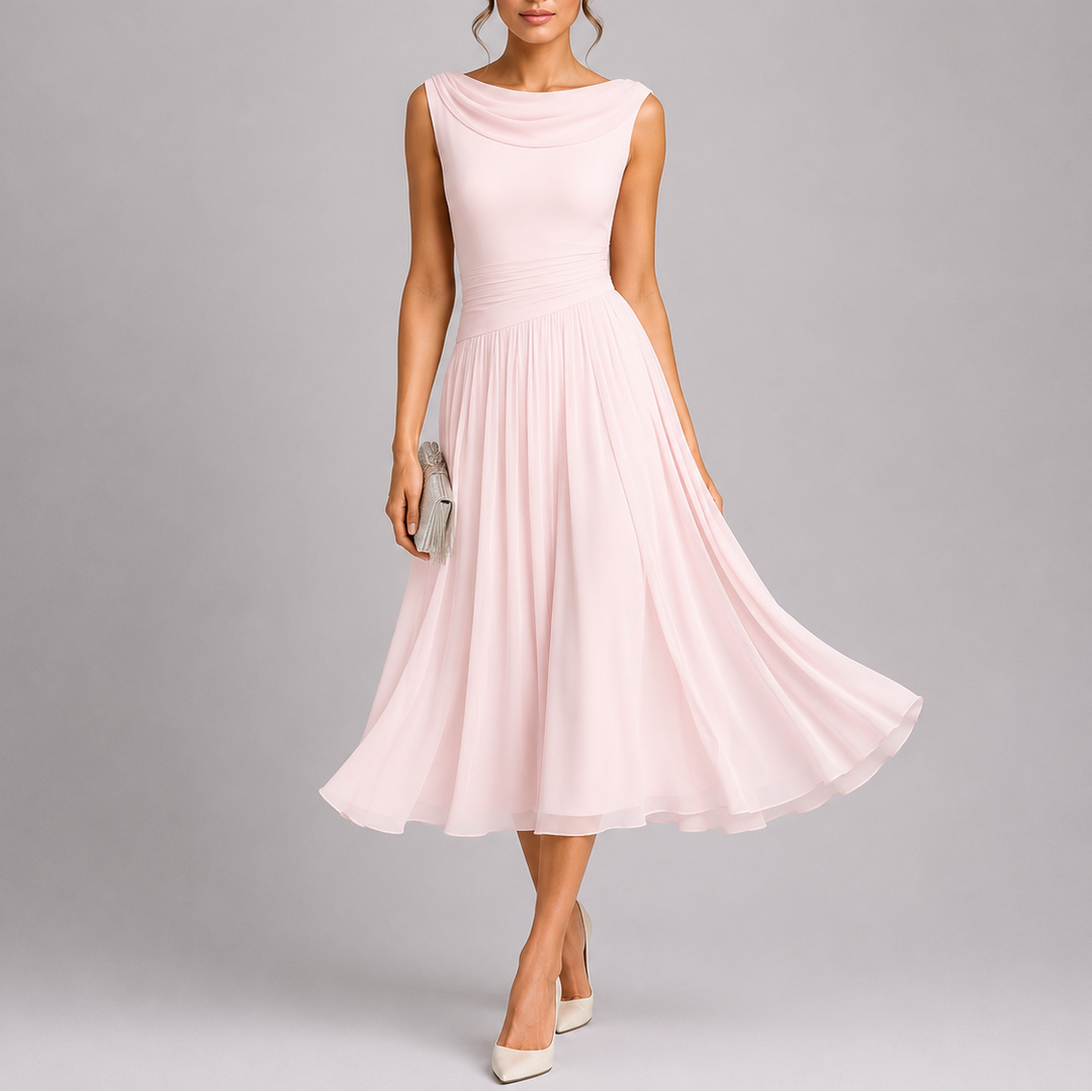 Elegant women's sleeveless midi cocktail dress with a sophisticated draped neckline & pleated design for special occasions.