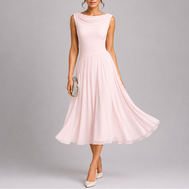 Elegant women's sleeveless midi cocktail dress with a sophisticated draped neckline & pleated design for special occasions.