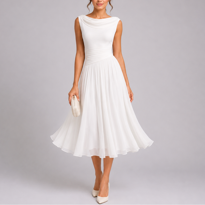 Stylish women's pleated midi cocktail dress with a graceful draped neckline, perfect for evening wear & special events.
