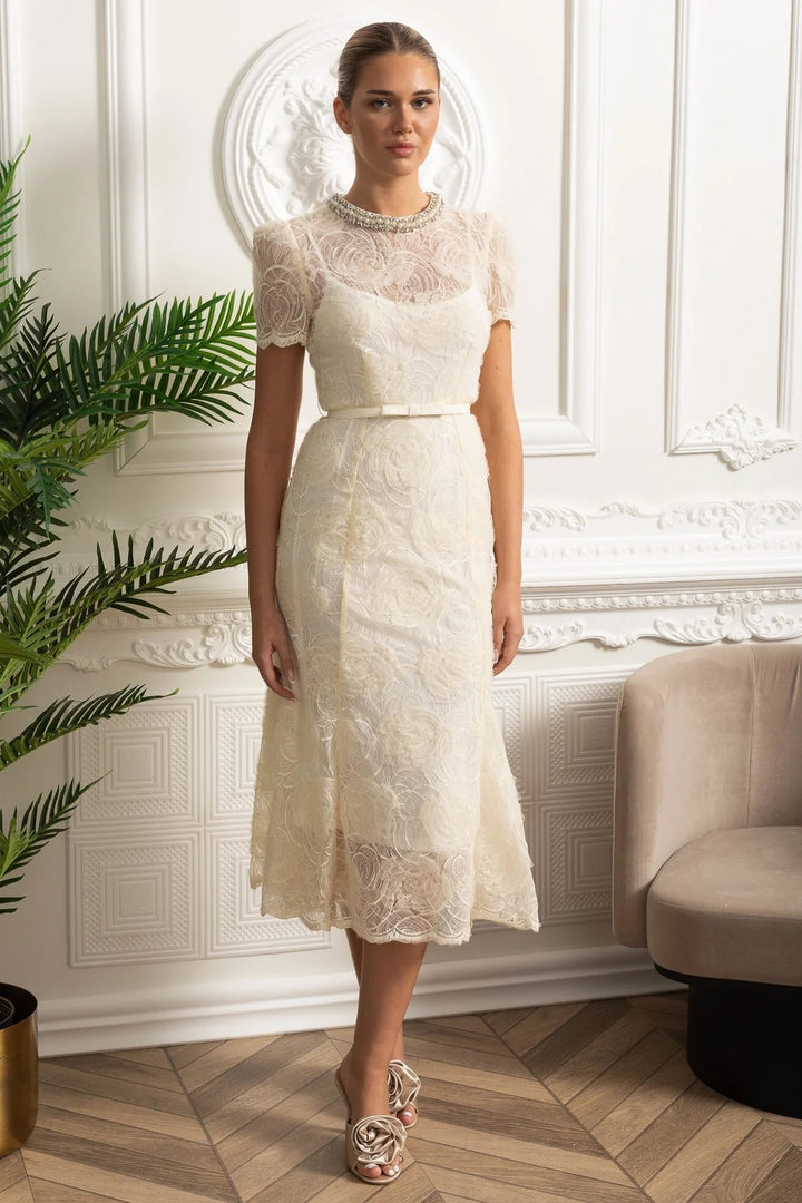 Women's elegant belted midi dress, perfect for race day events or formal daytime occasions.