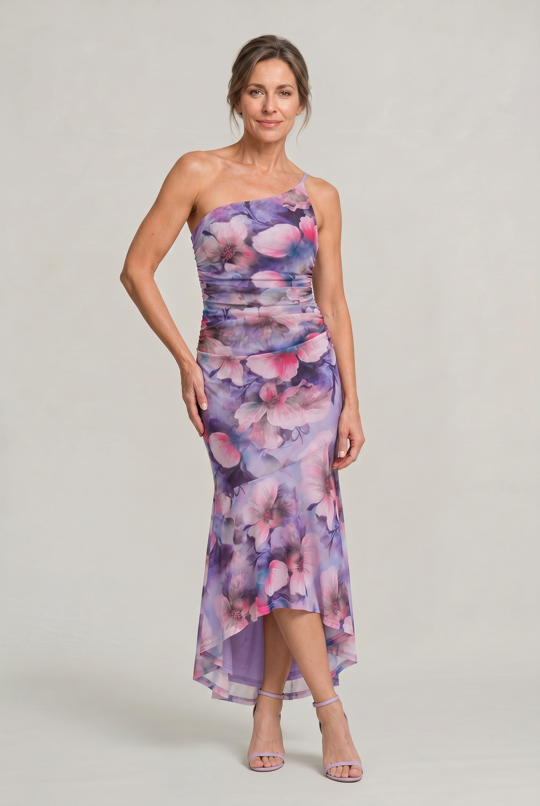 Women's elegant floral one shoulder party dress, perfect for cocktail or evening events.