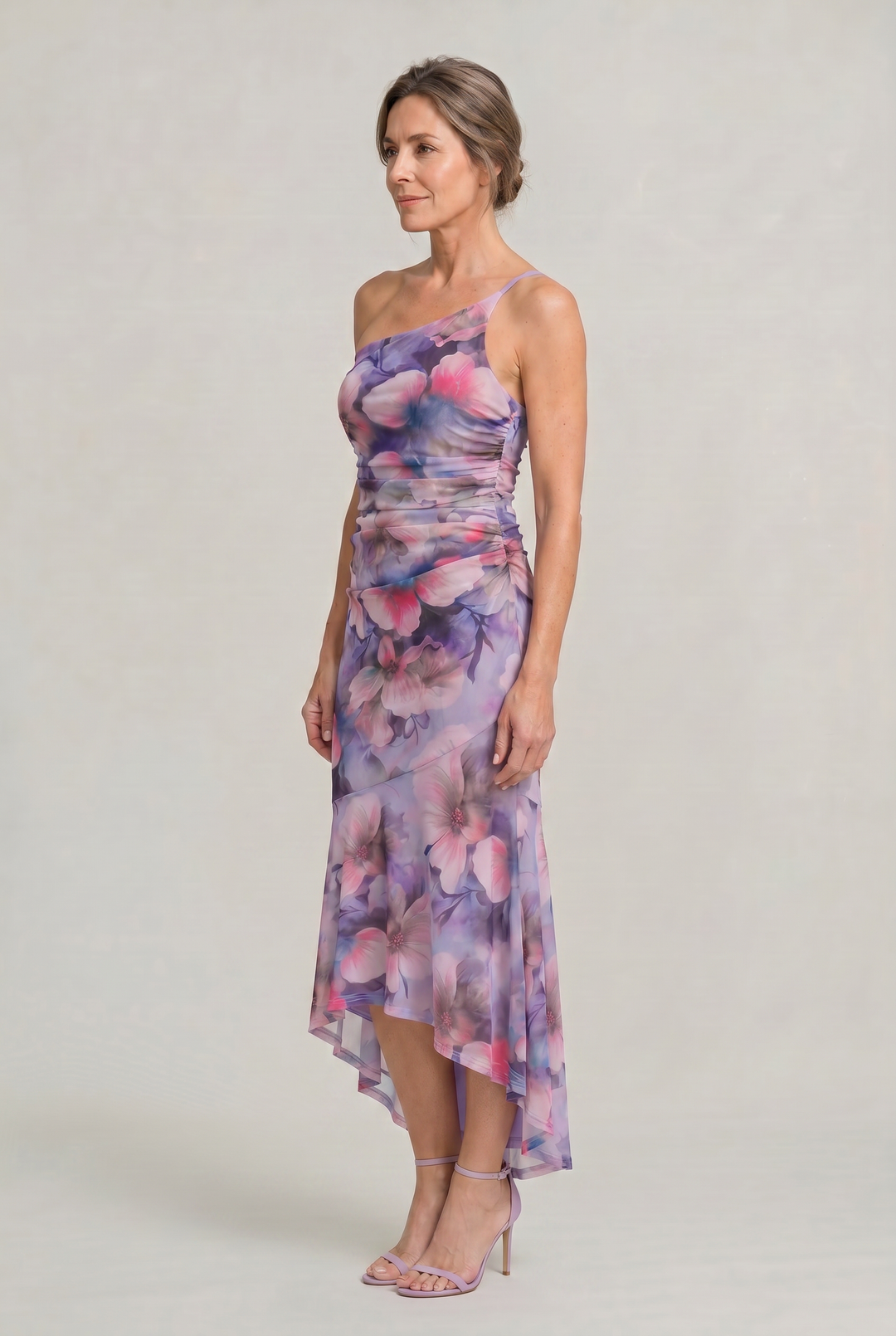 Elegant high-low floral one shoulder party dress. A sophisticated choice for women.