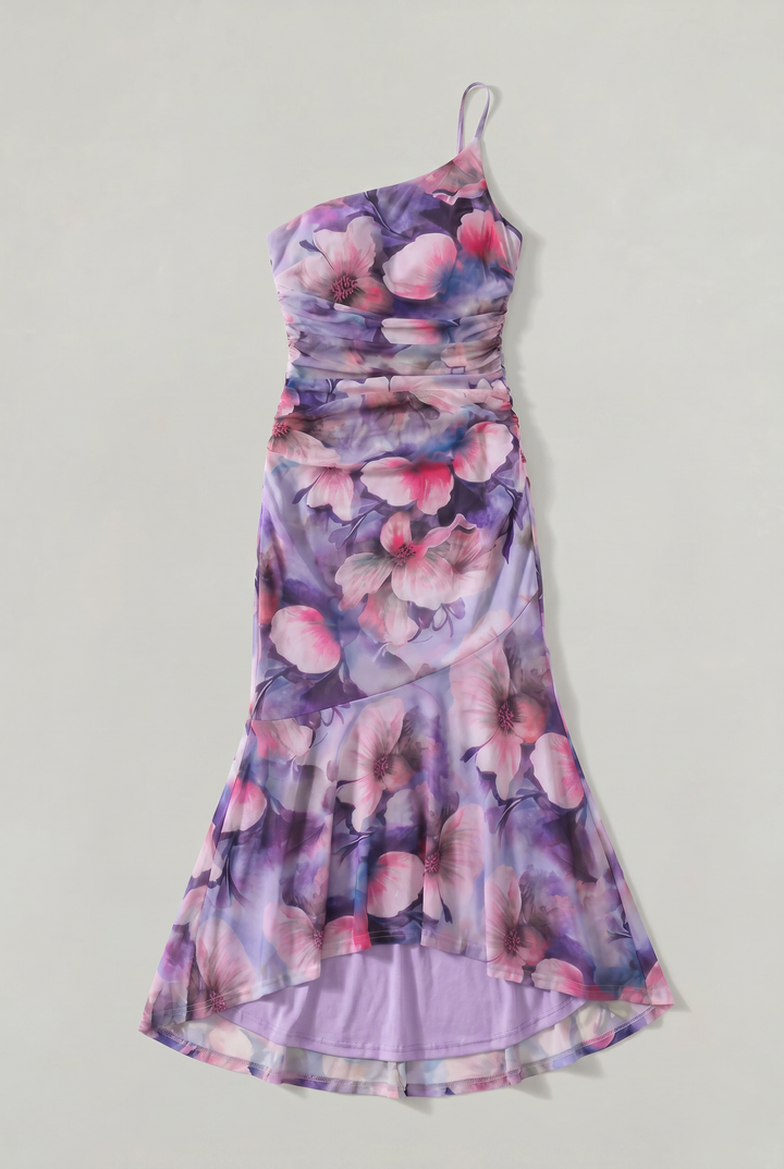 Women's elegant floral one shoulder special occasion dress. Ideal for weddings & galas.