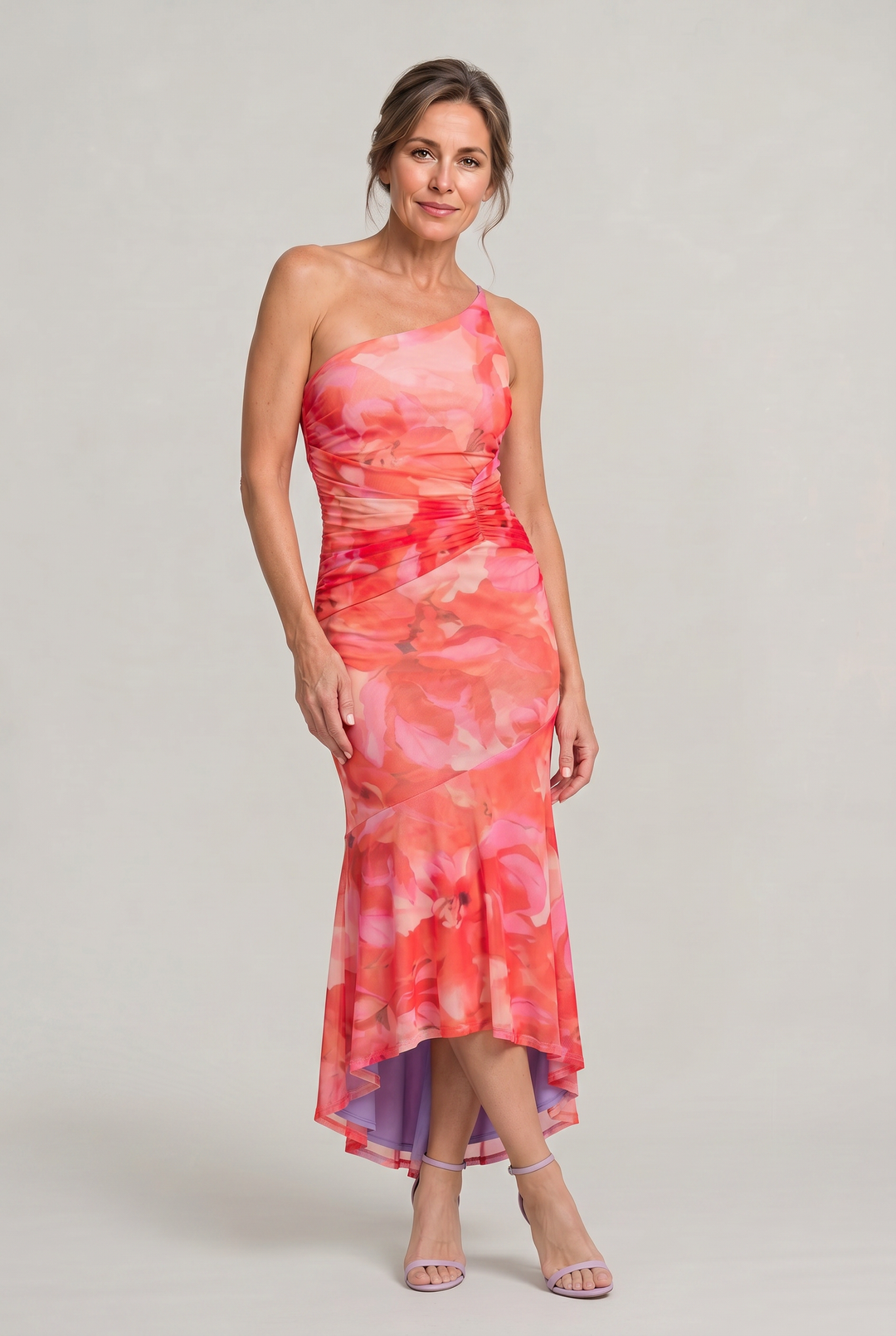 Beautiful floral one shoulder formal dress. Perfect for women's evening events.