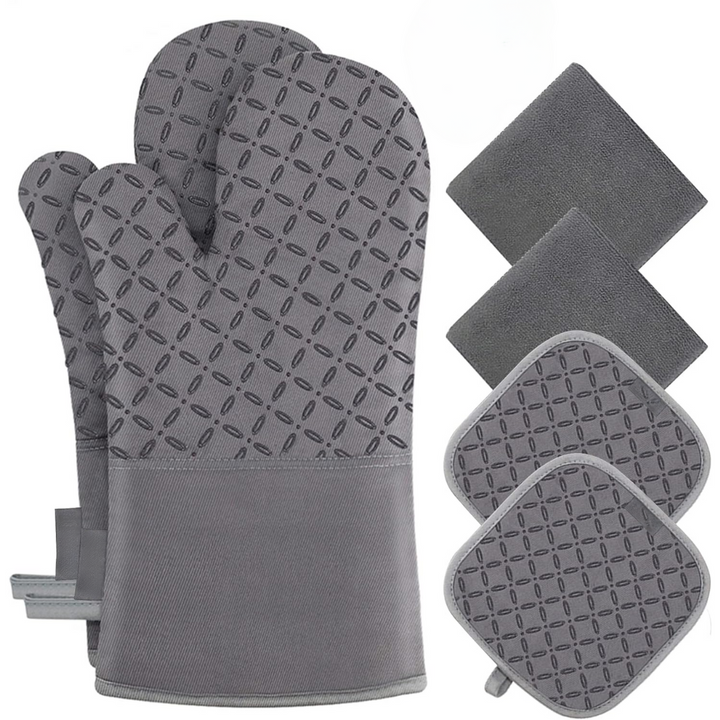 6-piece heat-resistant oven glove & pot holder set for safe kitchen cooking & baking.