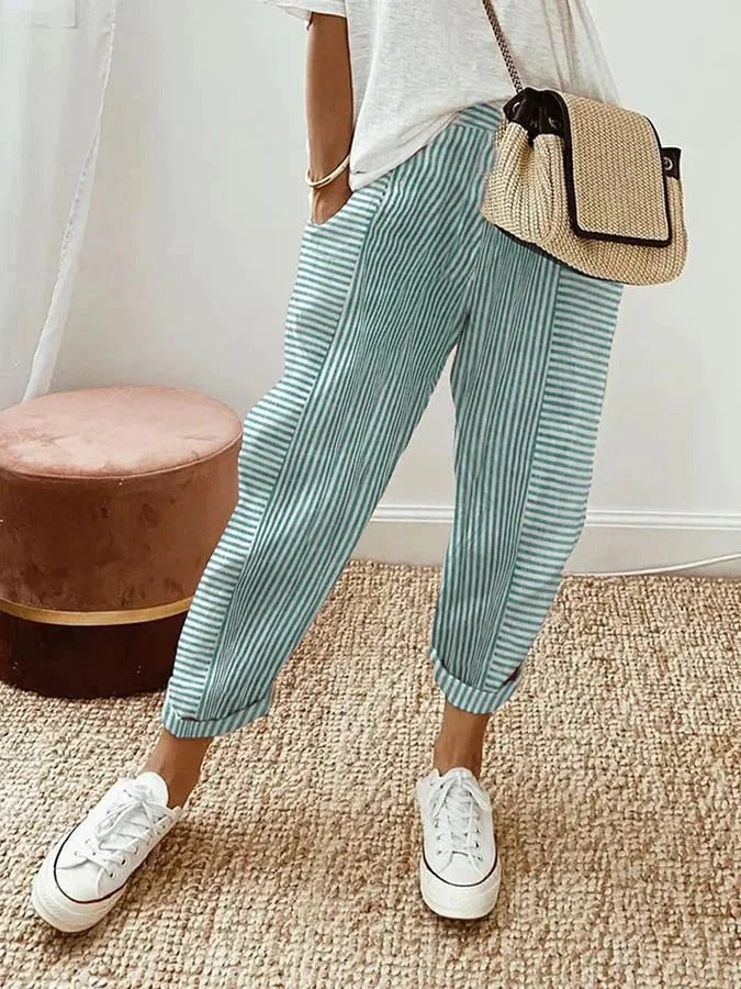 Comfortable women's relaxed striped summer pants, great for travel & versatile casual styling.