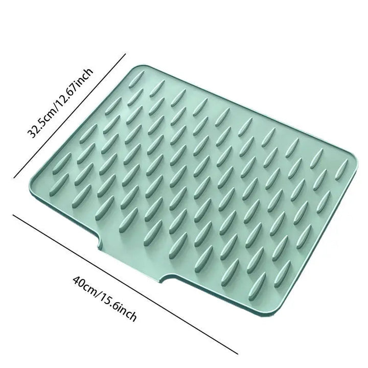 BPA-free silicone draining mat with raised ridges for fast, hygienic dish drying. Non-slip counter protector.
