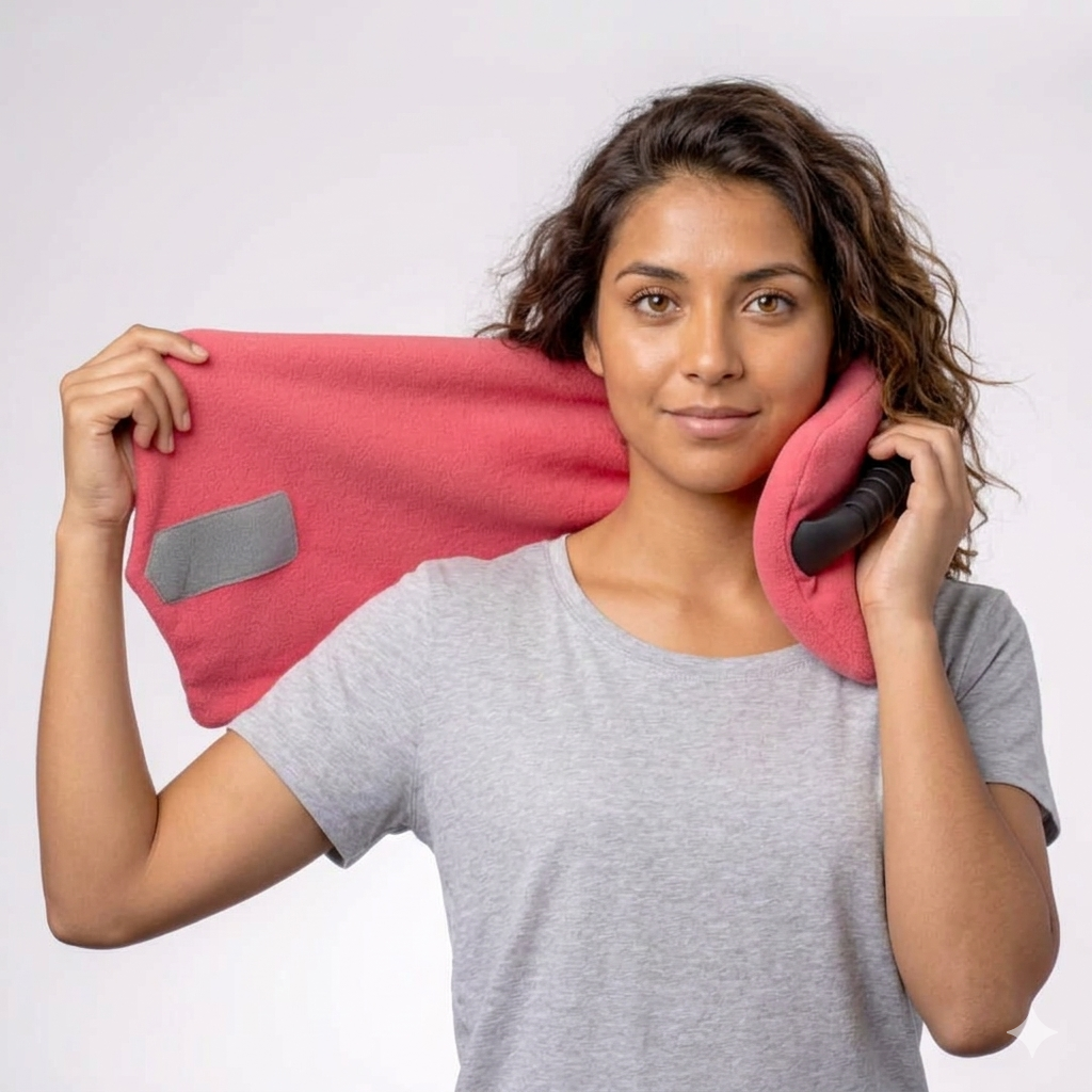 Grey travel pillow for neck support during upright sleep on flights or car rides.