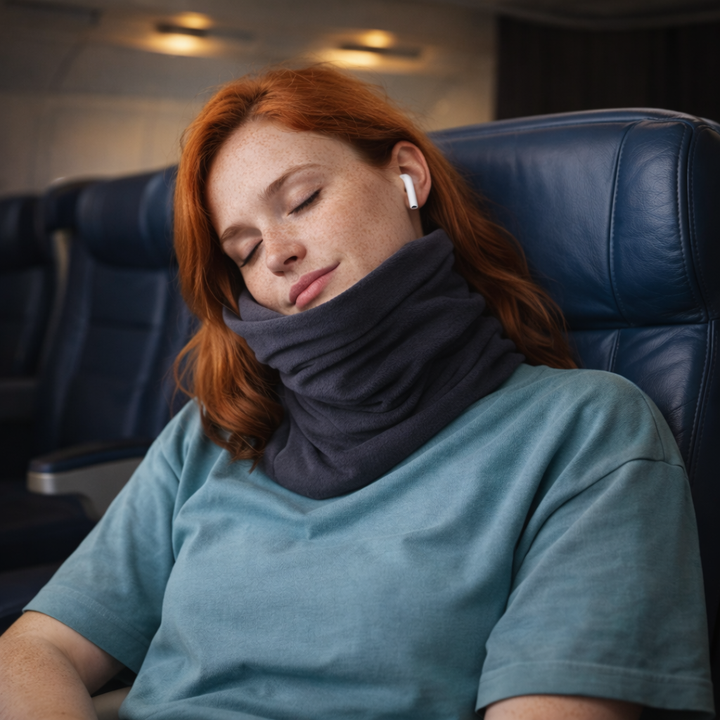 Comfortable wrap-around neck support pillow, ideal for travel and car journeys.