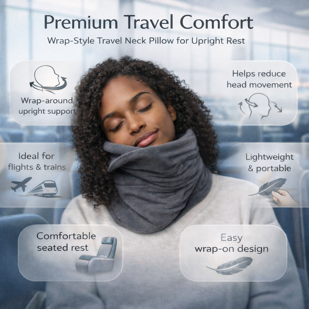 Portable grey travel pillow designed for comfortable upright sleeping on the go.