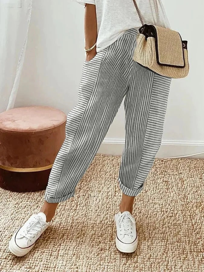 Breezy women's relaxed striped summer pants. Comfortable, flowy design for effortless warm-weather style.