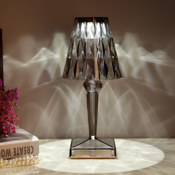Decorative rechargeable crystal lamp, touch dimming, perfect for bedroom or living area.