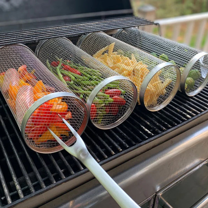 Rotating stainless steel grill basket for even BBQ cooking of vegetables, shrimp & small meats. Universal fit.