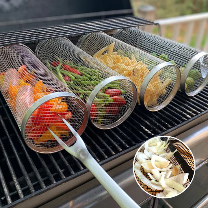 Universal rotating stainless steel grill basket for even BBQ cooking. Perfect for vegetables, meat & seafood.