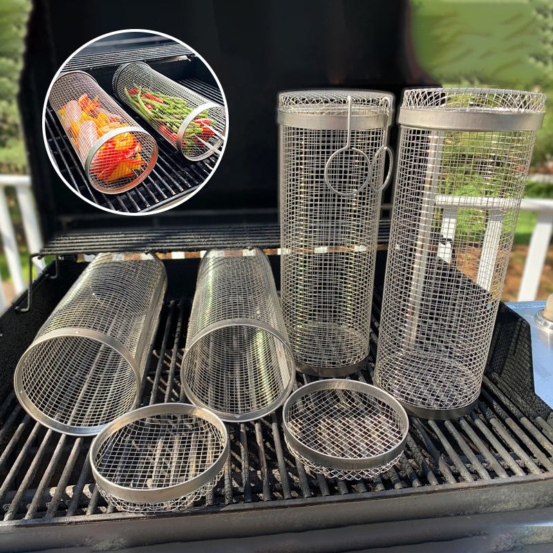 Durable stainless steel rotating grill basket for outdoor BBQ cooking. Ideal for perfectly grilled vegetables & meats.