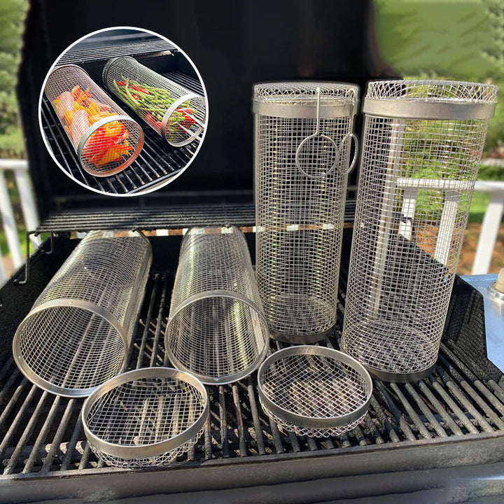 Durable stainless steel rotating grill basket for outdoor BBQ cooking. Ideal for perfectly grilled vegetables & meats.