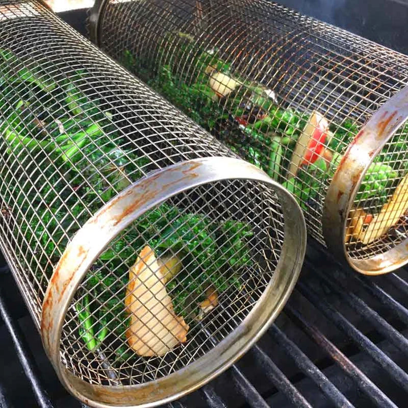 Heavy-duty stainless steel rotating grill basket for your outdoor BBQ. Cook vegetables, shrimp, & meat evenly.
