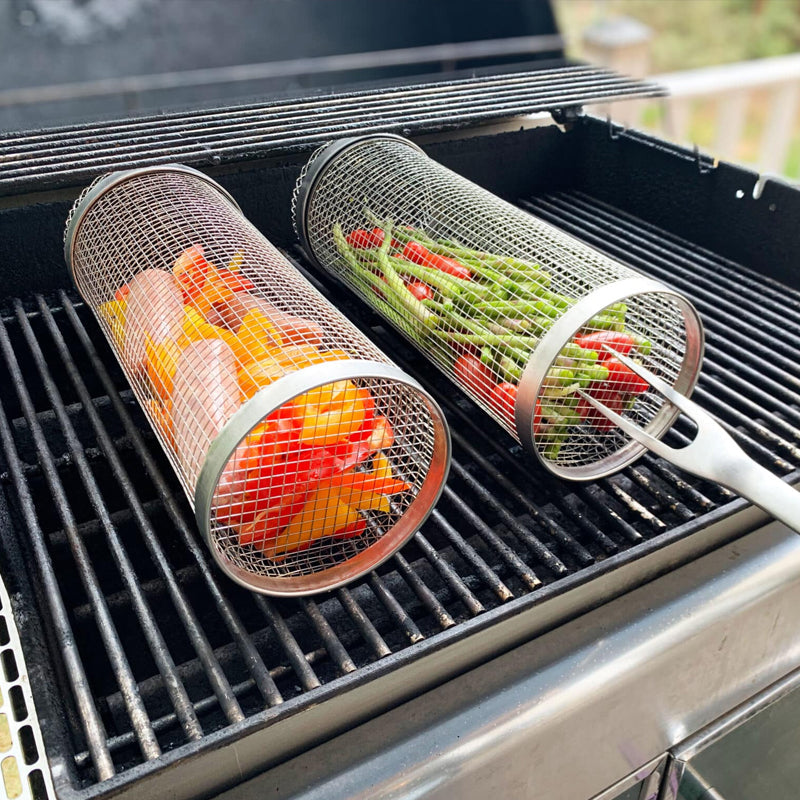 Innovative rotating stainless steel grill basket for uniform cooking of veggies, fish, and meats on your barbecue.