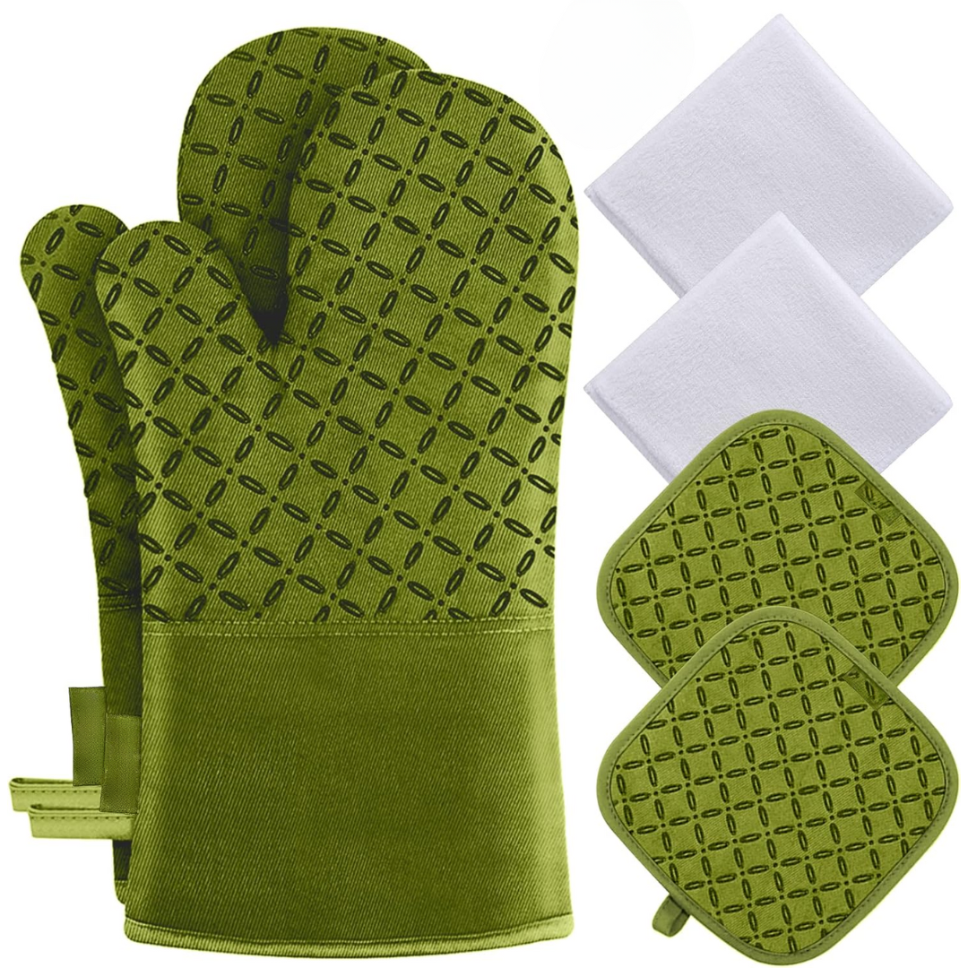 Pair of heat-resistant oven mitts & 4 pot holders for secure handling in any modern kitchen.