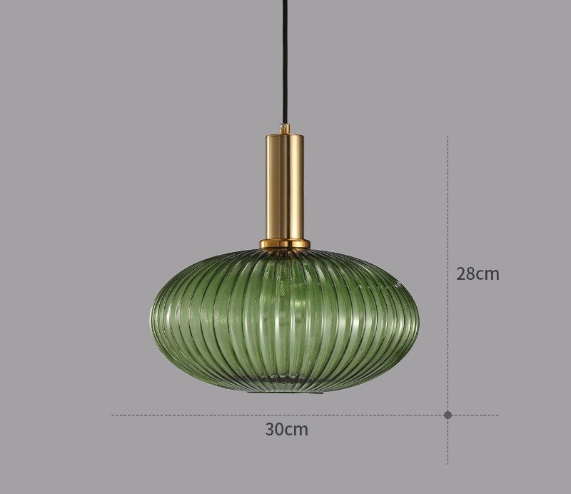 Retro pendant light fixture, featuring clear and colored glass design.