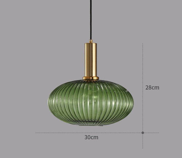 Retro pendant light fixture, featuring clear and colored glass design.
